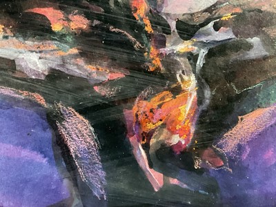 Lot 52 - Eric Auld (1931-2013) mixed media, Red Sky Full Moon Rising, signed, Royal Scottish Academy Exhibition 1971 label verso, 19.5cm x 18.5cm, glazed frame