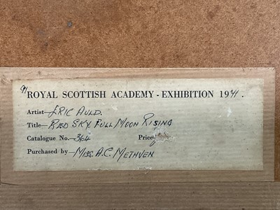 Lot 52 - Eric Auld (1931-2013) mixed media, Red Sky Full Moon Rising, signed, Royal Scottish Academy Exhibition 1971 label verso, 19.5cm x 18.5cm, glazed frame