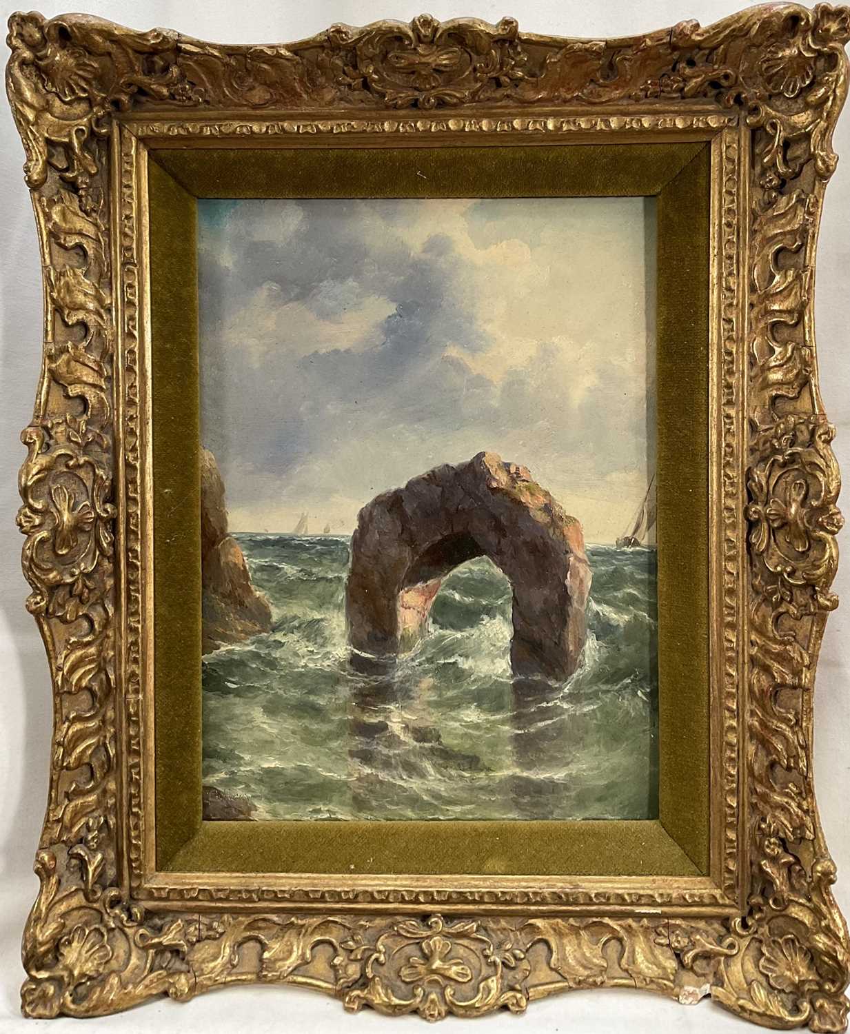 Lot 62 - English School, 19th century oil on board, Arch sea rock, signed indistinctly, 26cm x 19cm, gilt frame