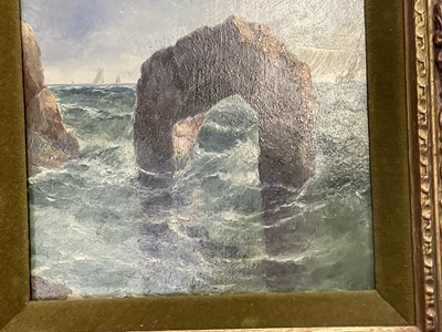 Lot 62 - English School, 19th century oil on board, Arch sea rock, signed indistinctly, 26cm x 19cm, gilt frame