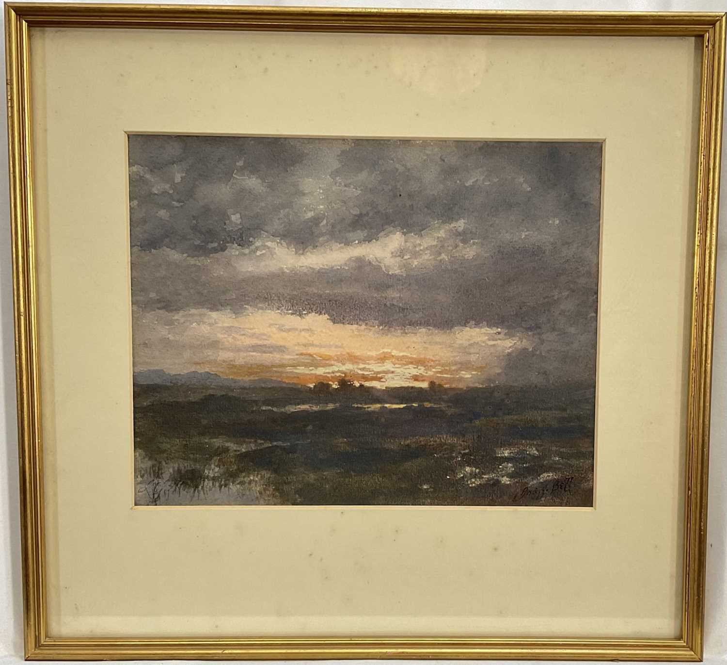 Lot 64 - Joseph J. Bell (late Victorian) watercolour, Moor at Sunset, signed, 19.5cm x 25cm, glazed frame