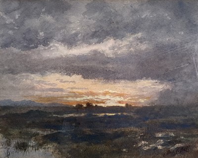 Lot 64 - Joseph J. Bell (late Victorian) watercolour, Moor at Sunset, signed, 19.5cm x 25cm, glazed frame