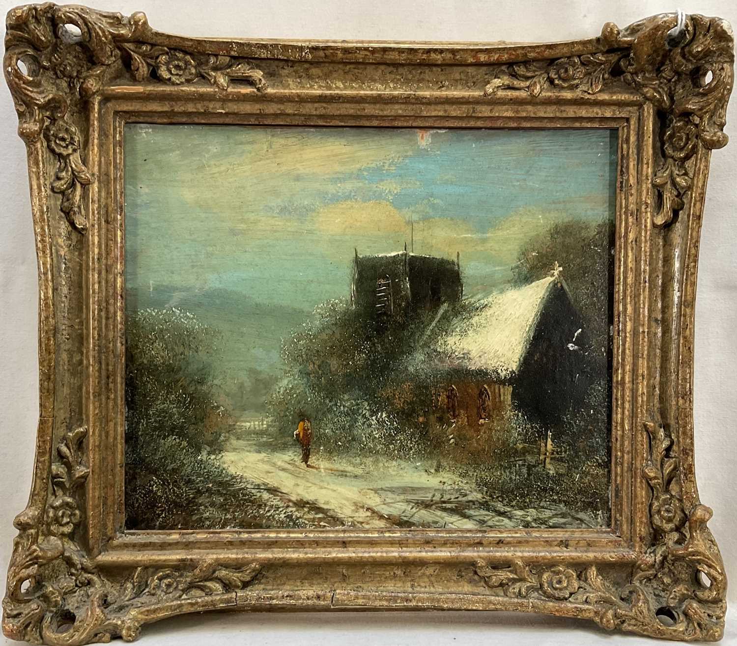 Lot 61 - Harry Foster Newey (1858-1933) oil on panel, Church in winter, 15.5cm x 19cm, gilt frame