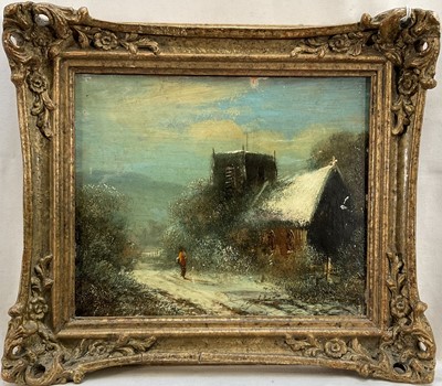 Lot 61 - Harry Foster Newey (1858-1933) oil on panel, Church in winter, 15.5cm x 19cm, gilt frame