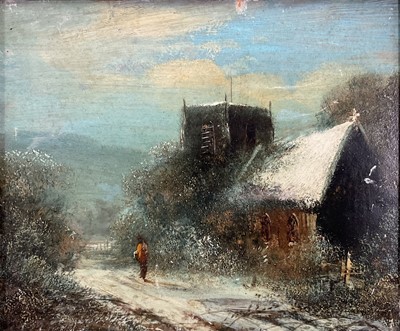 Lot 61 - Harry Foster Newey (1858-1933) oil on panel, Church in winter, 15.5cm x 19cm, gilt frame
