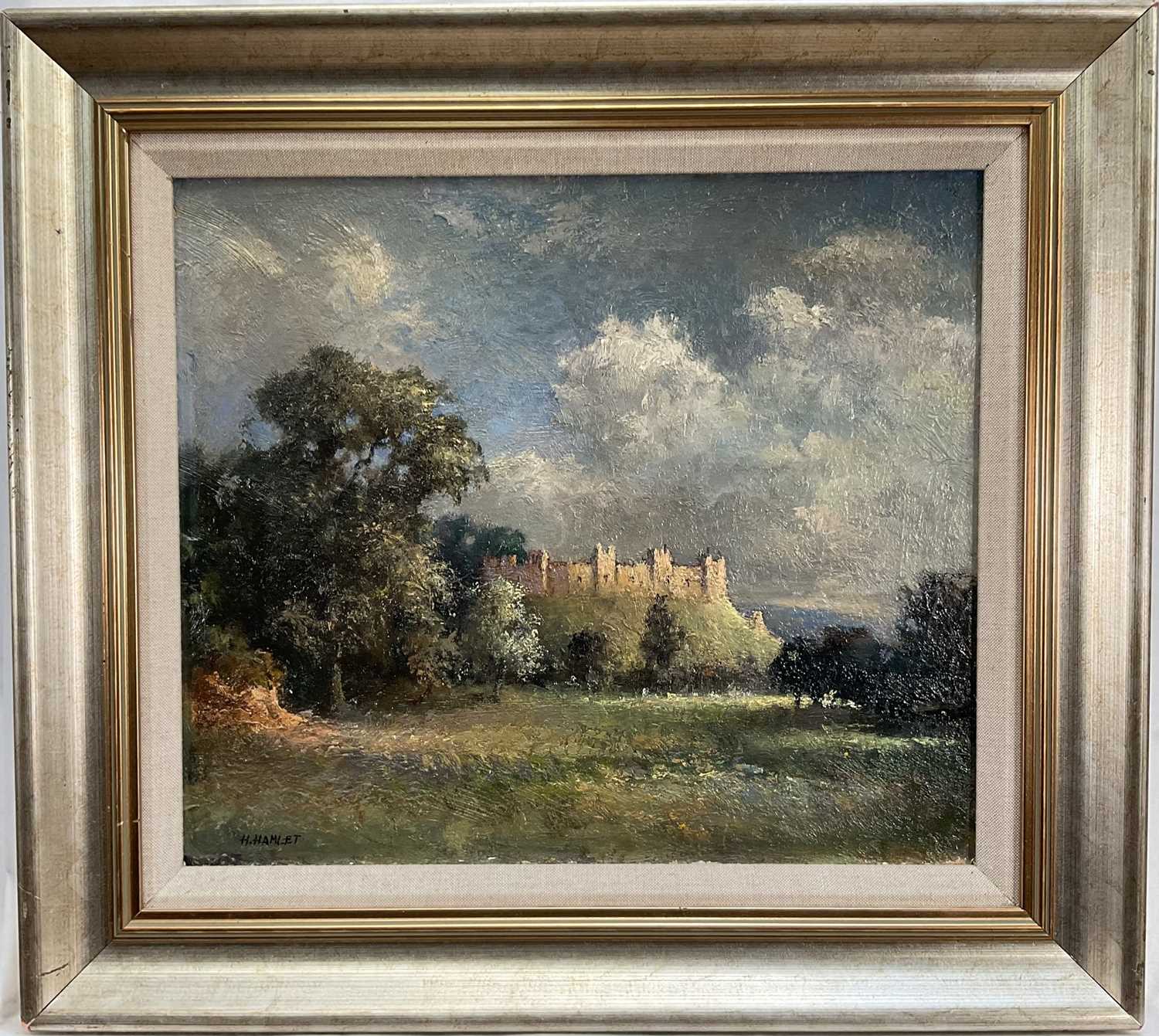 Lot 65 - Hugh Hamlet (British 20th Century) oil on board, Framlingham Castle, signed, dated 1963 verso, 32cm x 37cm, framed