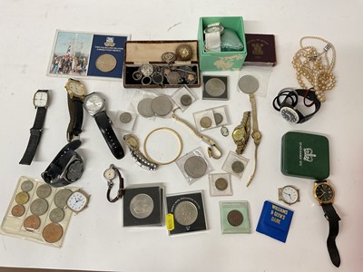 Lot 917 - Group of vintage costume jewellery, wristwatches, silver sports medals, coins, commemorative crowns etc