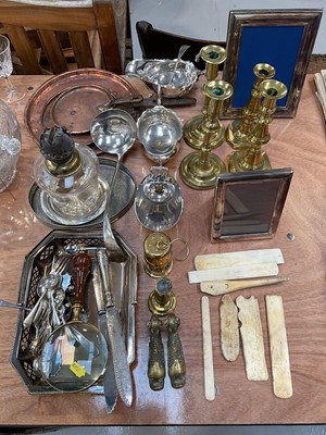 Lot 5149 - Sundry items, including silver plate, brassware, antique bone items, copper pans, etc