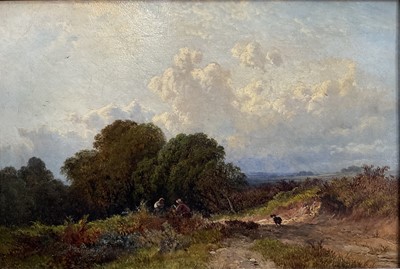 Lot 67 - Caroline Fanny Williams (1836-1921) oil on canvas, rural landscape with two figures and their dog, 26cm x 39cm, gilt frame