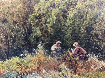 Lot 67 - Caroline Fanny Williams (1836-1921) oil on canvas, rural landscape with two figures and their dog, 26cm x 39cm, gilt frame