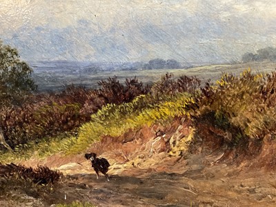 Lot 67 - Caroline Fanny Williams (1836-1921) oil on canvas, rural landscape with two figures and their dog, 26cm x 39cm, gilt frame