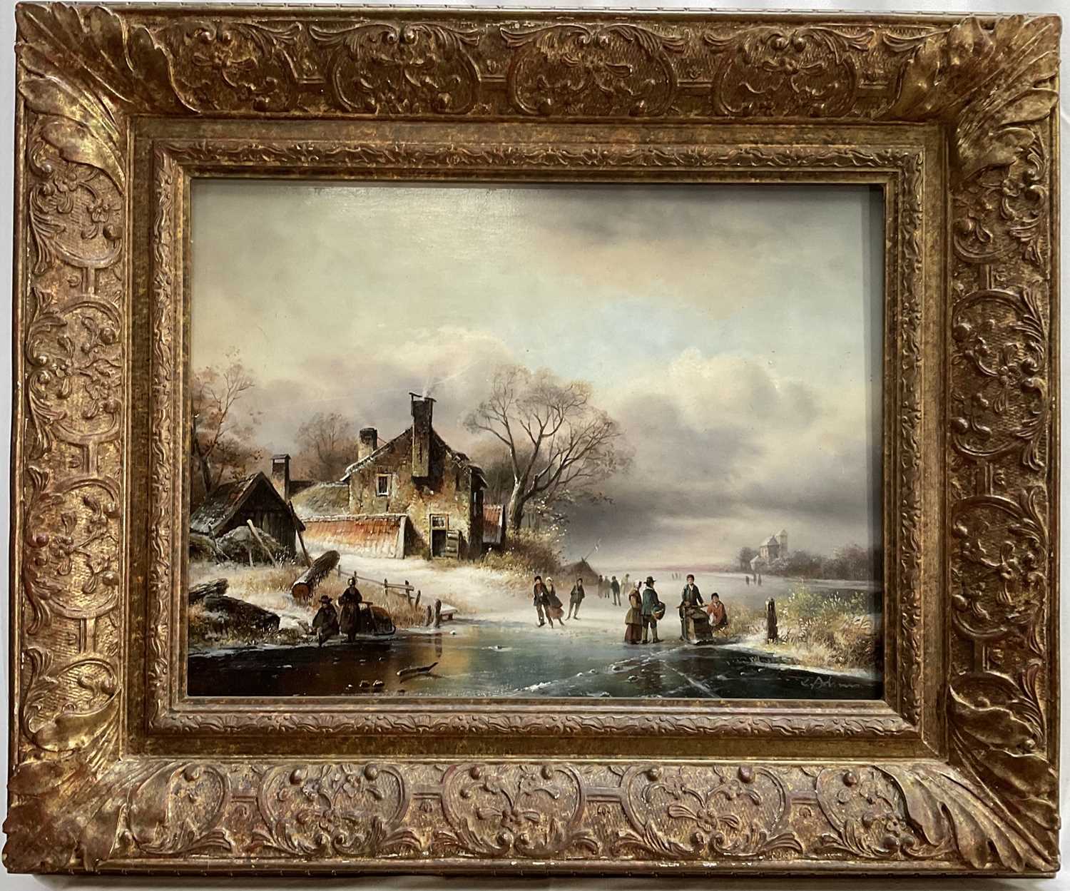 Lot 68 - K. Adams (20th century) oil on board, skaters on a frozen lake, signed, 29cm x 39cm, gilt frame