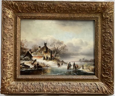Lot 68 - K. Adams (20th century) oil on board, skaters on a frozen lake, signed, 29cm x 39cm, gilt frame