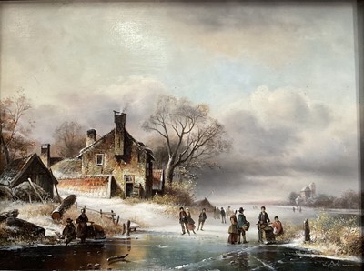 Lot 68 - K. Adams (20th century) oil on board, skaters on a frozen lake, signed, 29cm x 39cm, gilt frame