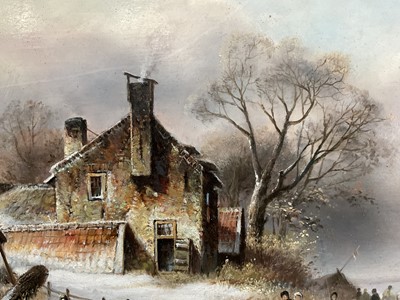 Lot 68 - K. Adams (20th century) oil on board, skaters on a frozen lake, signed, 29cm x 39cm, gilt frame