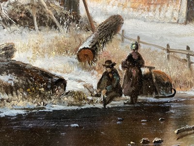 Lot 68 - K. Adams (20th century) oil on board, skaters on a frozen lake, signed, 29cm x 39cm, gilt frame