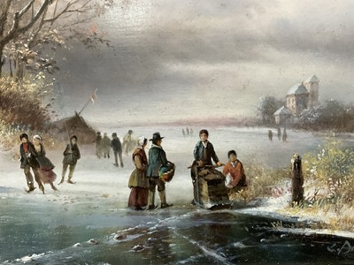 Lot 68 - K. Adams (20th century) oil on board, skaters on a frozen lake, signed, 29cm x 39cm, gilt frame