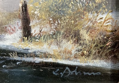 Lot 68 - K. Adams (20th century) oil on board, skaters on a frozen lake, signed, 29cm x 39cm, gilt frame