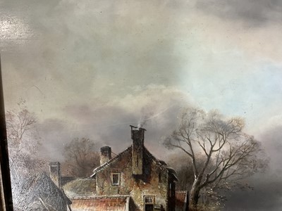 Lot 68 - K. Adams (20th century) oil on board, skaters on a frozen lake, signed, 29cm x 39cm, gilt frame