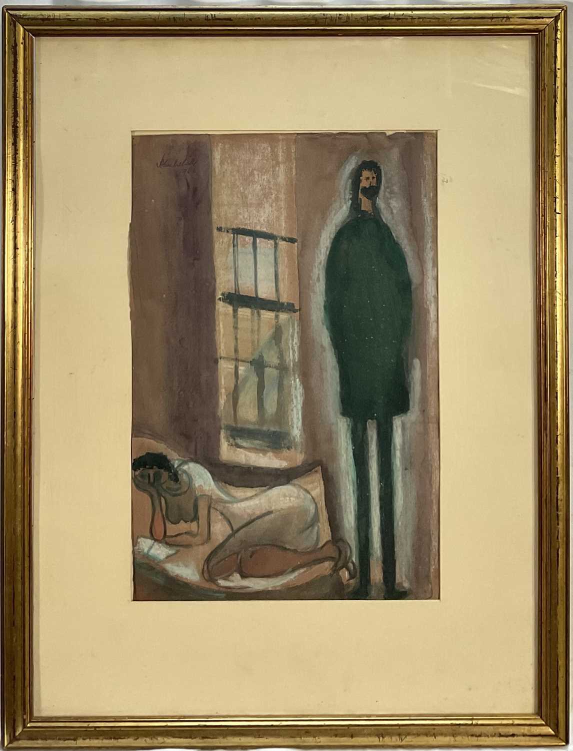 Lot 70 - 20th century mixed media on paper, man and woman in an interior, dated 1966, bearing signature (John McCarthy?), 46cm x 30cm, glazed frame