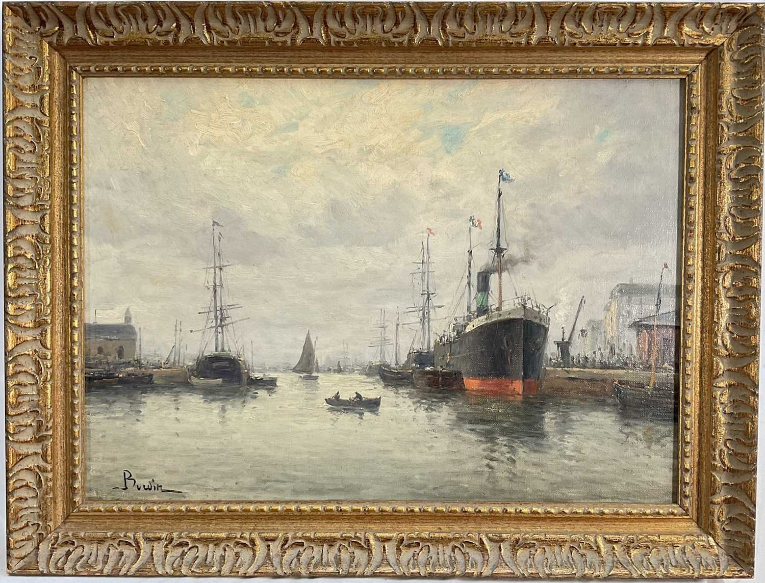 Lot 71 - Amélie Burdin (French, born 1834) oil on canvas, docks and steamship, signed, 32cm x 44cm, gilt frame