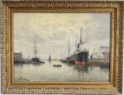 Lot 71 - Amélie Burdin (French, born 1834) oil on canvas, docks and steamship, signed, 32cm x 44cm, gilt frame