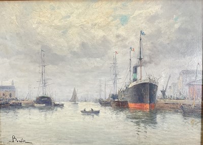 Lot 71 - Amélie Burdin (French, born 1834) oil on canvas, docks and steamship, signed, 32cm x 44cm, gilt frame