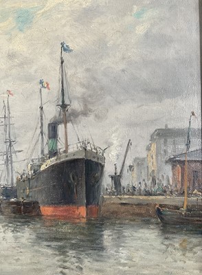 Lot 71 - Amélie Burdin (French, born 1834) oil on canvas, docks and steamship, signed, 32cm x 44cm, gilt frame