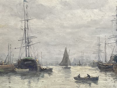 Lot 71 - Amélie Burdin (French, born 1834) oil on canvas, docks and steamship, signed, 32cm x 44cm, gilt frame