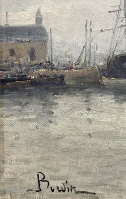 Lot 71 - Amélie Burdin (French, born 1834) oil on canvas, docks and steamship, signed, 32cm x 44cm, gilt frame