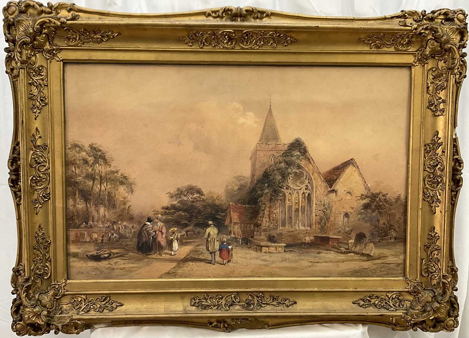 Lot 56 - English School, late 19th century watercolour, figures beside a church