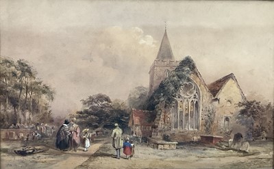 Lot 56 - English School, late 19th century watercolour, figures beside a church