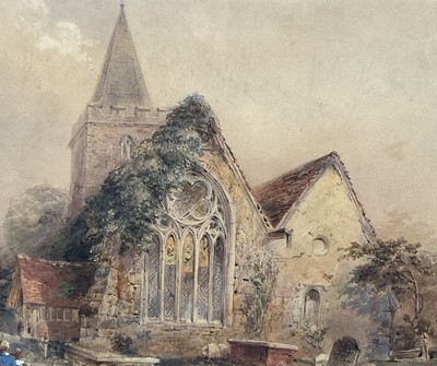Lot 56 - English School, late 19th century watercolour, figures beside a church