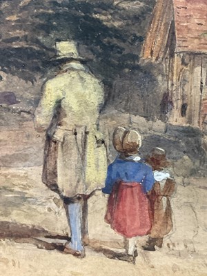 Lot 56 - English School, late 19th century watercolour, figures beside a church