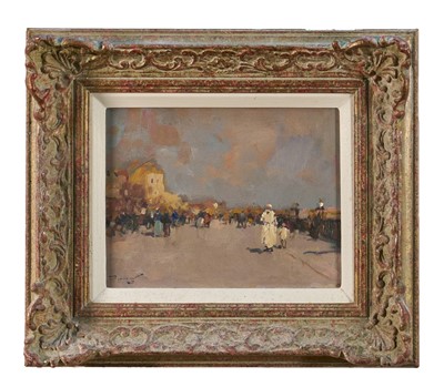 Lot 1021 - *Ken Moroney (1949-2018) oil on board - figures walking along a road, signed, 17.5cm x 22cm, in moulded gilt frame