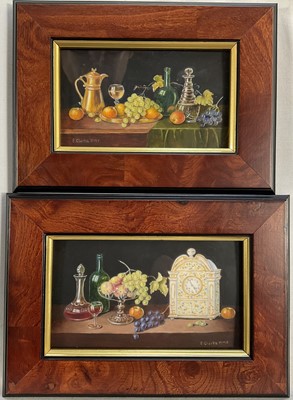 Lot 85 - Enid Clarke RMS (1919-2020) pair of miniature oils on panel depicting still life with decanters and fruit 'The Antique Clock' and 'Brass jug and fruit', together with copy of the original receip...