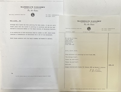 Lot 85 - Enid Clarke RMS (1919-2020) pair of miniature oils on panel depicting still life with decanters and fruit 'The Antique Clock' and 'Brass jug and fruit', together with copy of the original receip...