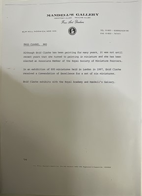 Lot 85 - Enid Clarke RMS (1919-2020) pair of miniature oils on panel depicting still life with decanters and fruit 'The Antique Clock' and 'Brass jug and fruit', together with copy of the original receip...