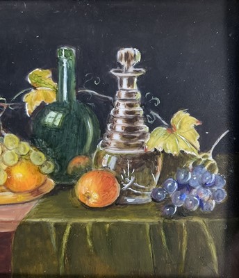 Lot 85 - Enid Clarke RMS (1919-2020) pair of miniature oils on panel depicting still life with decanters and fruit 'The Antique Clock' and 'Brass jug and fruit', together with copy of the original receip...