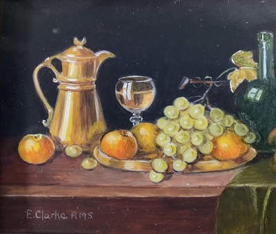 Lot 85 - Enid Clarke RMS (1919-2020) pair of miniature oils on panel depicting still life with decanters and fruit 'The Antique Clock' and 'Brass jug and fruit', together with copy of the original receip...