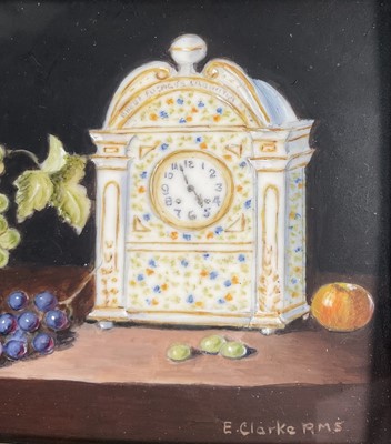 Lot 85 - Enid Clarke RMS (1919-2020) pair of miniature oils on panel depicting still life with decanters and fruit 'The Antique Clock' and 'Brass jug and fruit', together with copy of the original receip...