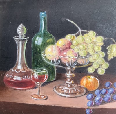Lot 85 - Enid Clarke RMS (1919-2020) pair of miniature oils on panel depicting still life with decanters and fruit 'The Antique Clock' and 'Brass jug and fruit', together with copy of the original receip...