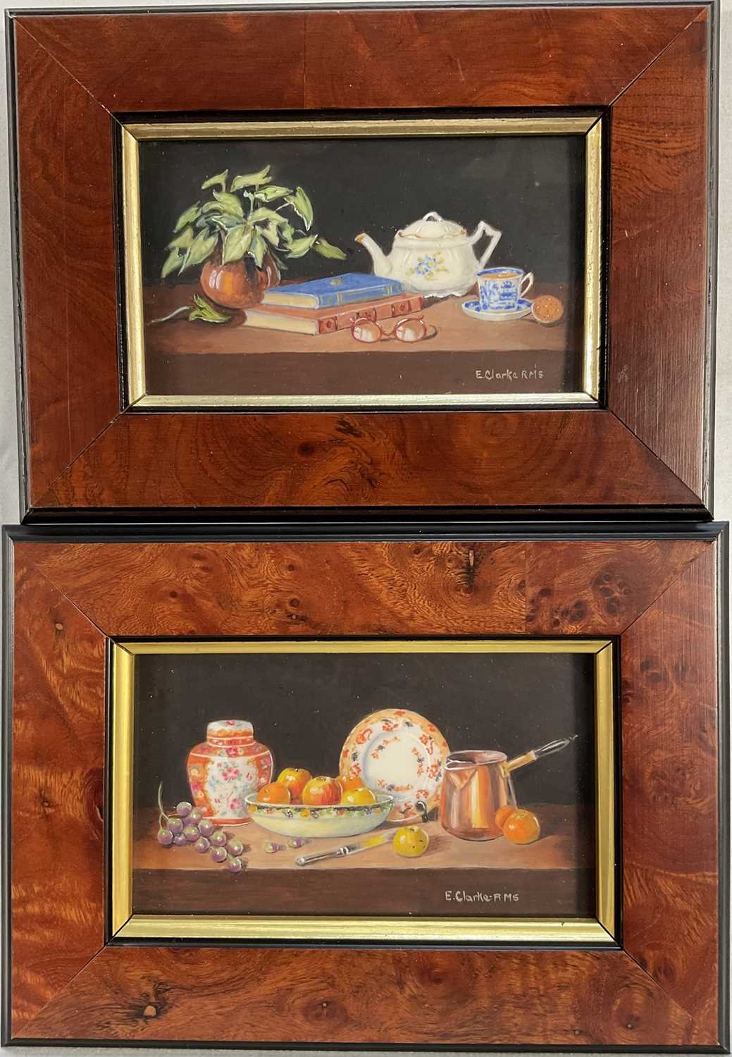 Lot 86 - Enid Clarke RMS (1919-2020) pair of miniature oils on panel depicting still life with objects and fruit 'Tea Break' and 'Ginger Jar and Fruit', together with copy of the original receipt of purc...