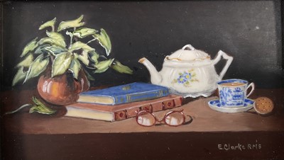 Lot 86 - Enid Clarke RMS (1919-2020) pair of miniature oils on panel depicting still life with objects and fruit 'Tea Break' and 'Ginger Jar and Fruit', together with copy of the original receipt of purc...