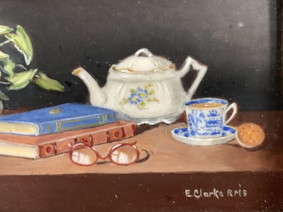 Lot 86 - Enid Clarke RMS (1919-2020) pair of miniature oils on panel depicting still life with objects and fruit 'Tea Break' and 'Ginger Jar and Fruit', together with copy of the original receipt of purc...