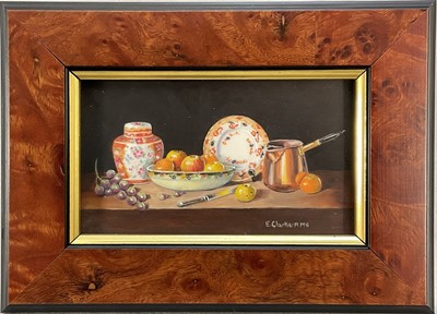 Lot 86 - Enid Clarke RMS (1919-2020) pair of miniature oils on panel depicting still life with objects and fruit 'Tea Break' and 'Ginger Jar and Fruit', together with copy of the original receipt of purc...