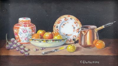 Lot 86 - Enid Clarke RMS (1919-2020) pair of miniature oils on panel depicting still life with objects and fruit 'Tea Break' and 'Ginger Jar and Fruit', together with copy of the original receipt of purc...