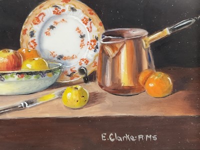 Lot 86 - Enid Clarke RMS (1919-2020) pair of miniature oils on panel depicting still life with objects and fruit 'Tea Break' and 'Ginger Jar and Fruit', together with copy of the original receipt of purc...