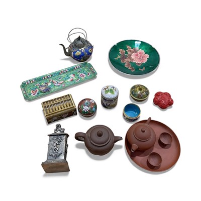 Lot 5009 - Group of Oriental items, including Yixing teapots, cloisonné abacus box, other cloisonné, a white metal pot, etc
