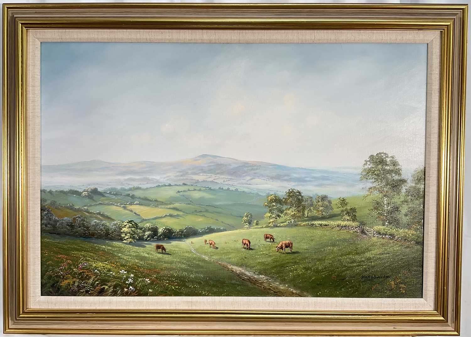 Lot 87 - George Horne (British, 20th century) oil on canvas in gilt frame depicting cattle on landscape 'Homeward Bound'
